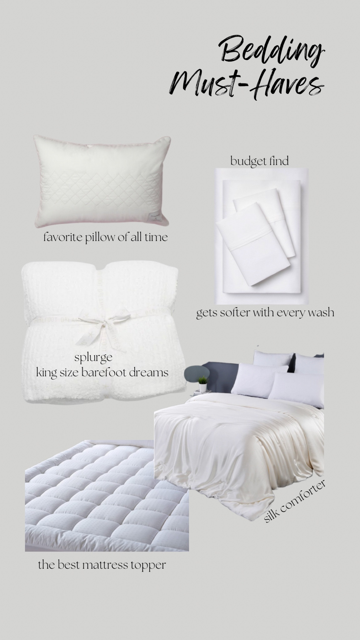 All of this bedding is incredible quality and can all be washed and maintain quality & softness (silk comforter is dry clean only) 
#mattresstopper #barefootdreams #downpillow #kingsheets #cottonsheets #silkcomforter

#LTKFind #LTKstyletip #LTKhome