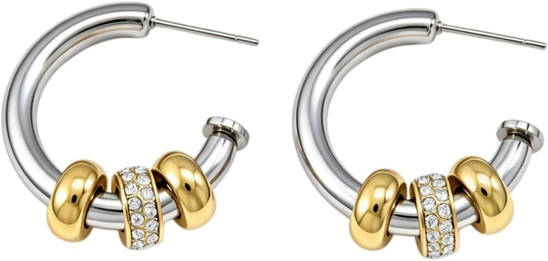 18K Gold Plated Chunky Two Tone Sliding Crystal Hoop Earrings for Women | Amazon (US)