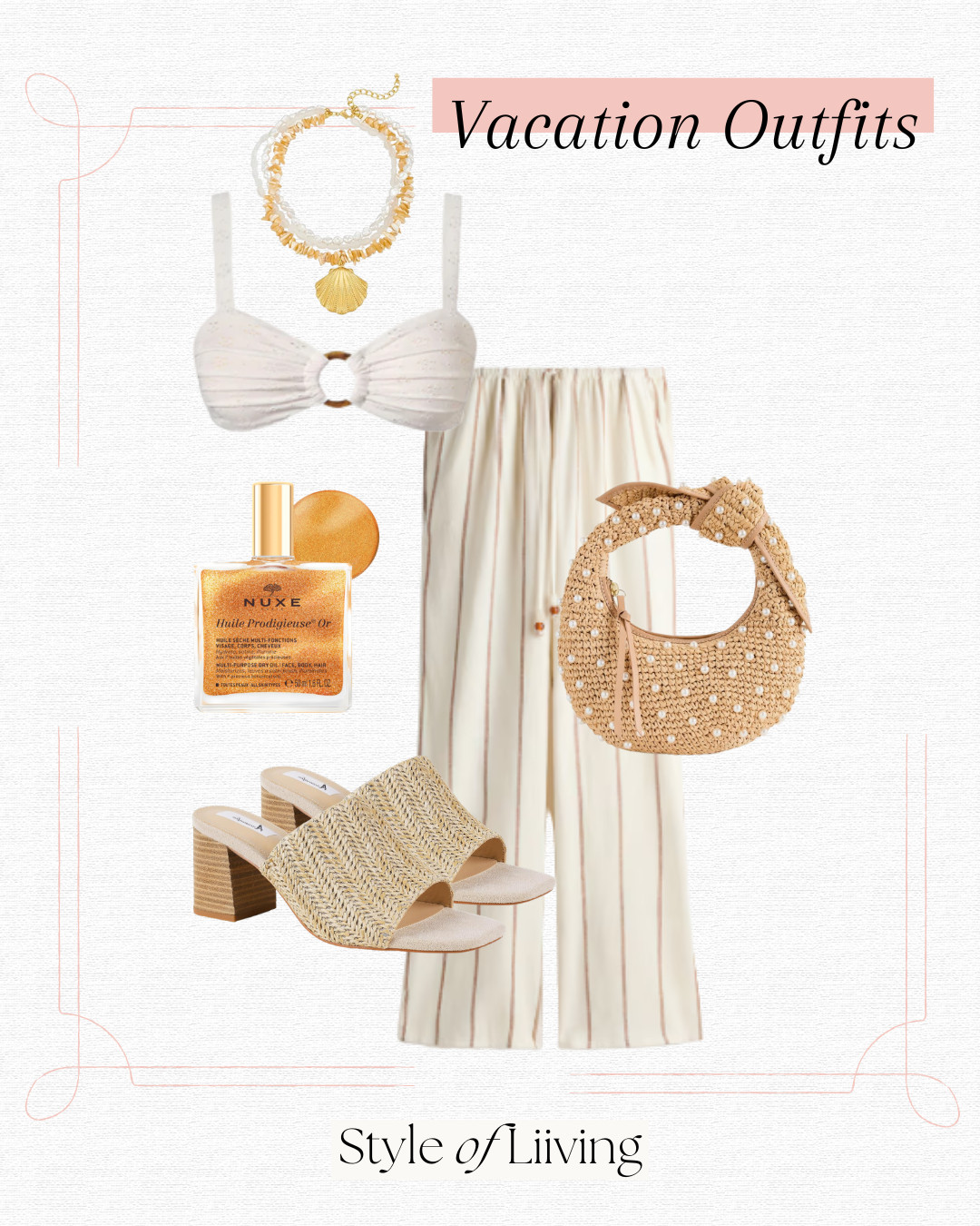 Vacation outfit ideas for women! Bikini tip, linen pants, raffia sandal heels, poolside josie knot handbag, nuxe bronzing body oil shimmer, necklaces. #h&m #amazonfashion #amazonbeauty #beauty #vacationoutfits #berlook #mondayswimwear #ltkbeauty #jewelry  

 #LTKootd #LTKSwim #LTKTravel