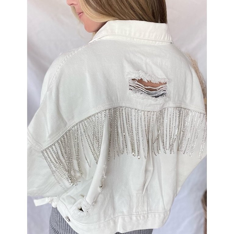 WSPLYSPJY Womens Denim Jacket Fringe Rhinestones Crop Denim Jacket Tassel Jean Coat White M | Walmart (US)