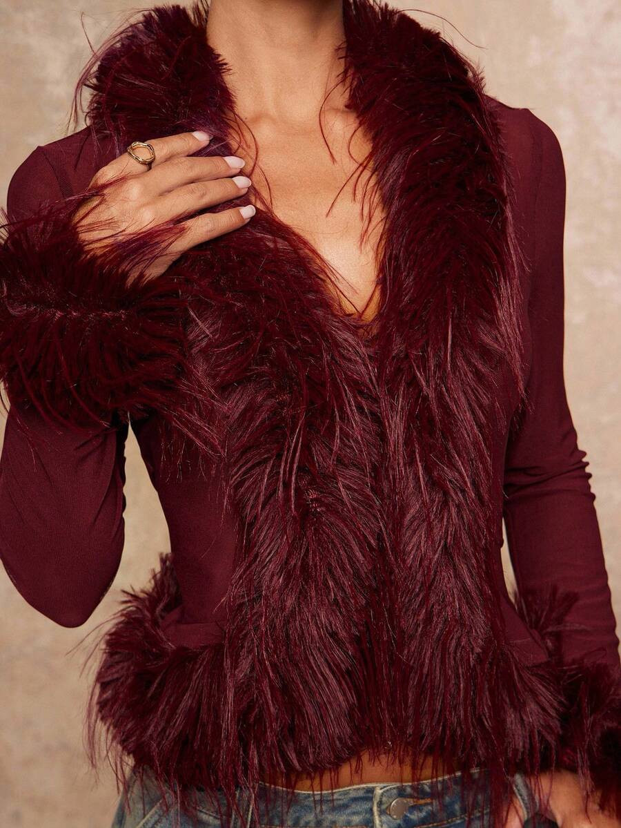 Lumalex Winter Fall Faux Fur Patchwork Collar & Cuffs Sheer Mesh Waist Women Top Burgundy Tops Fo... | SHEIN