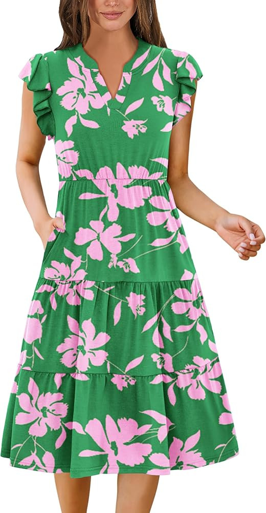 Zeagoo Womens Summer Casual Dresses Ruffle Sleeve V Neck Midi Dress Flowy Tiered Dress with Pocke... | Amazon (US)