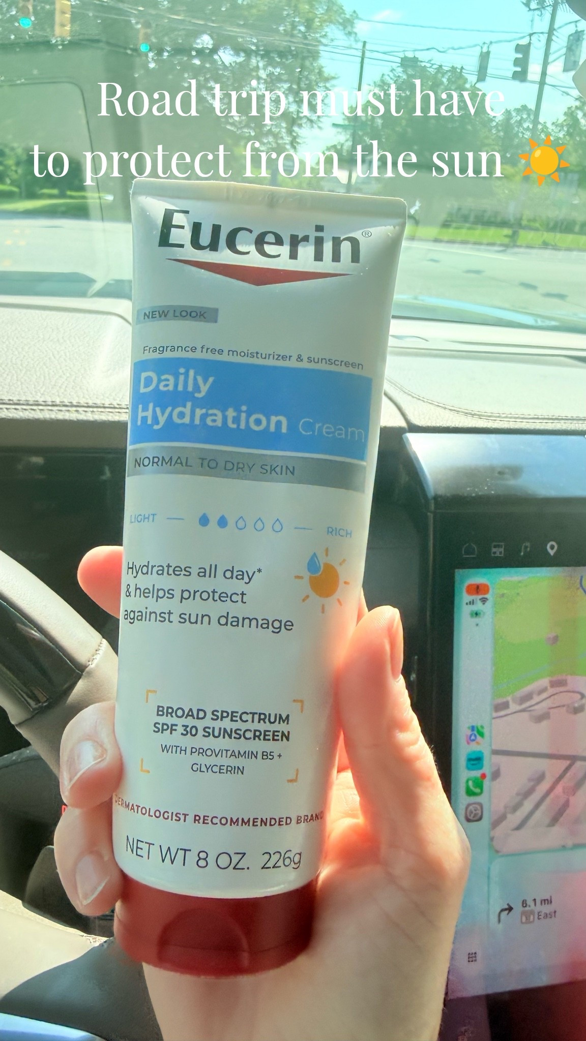 Always have this in my car never know when you’ll be driving and the sun is directly on you. Did you know you can get burned while in your car? Best everyday lotion with spf. Light and no greasy.