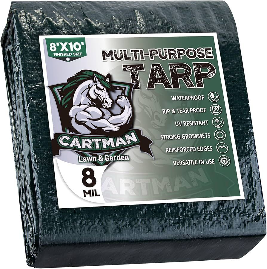 CARTMAN 2 Pack Finished Size 8x10 Feet Waterproof Green Tarp 8 Mil Thick, Multipurpose Protective... | Amazon (US)