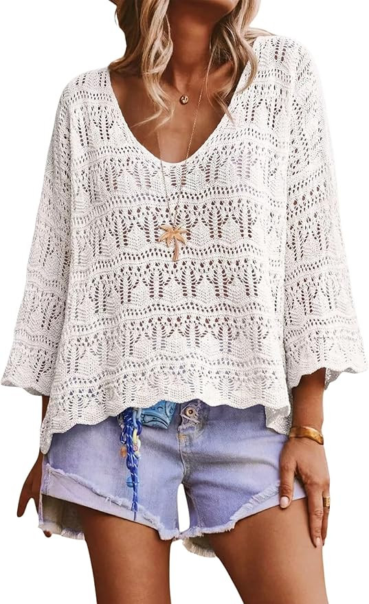 Allimy Womens Summer Spring 3/4 Sleeves Crochet Oversized Sweater for Women 2026 Beach Resort Wea... | Amazon (US)