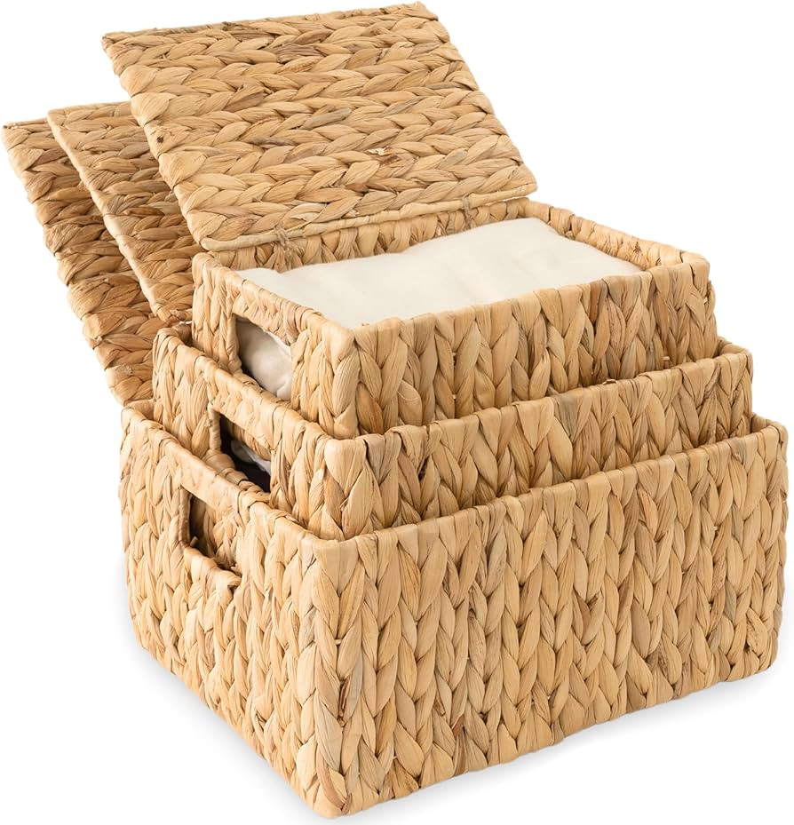 Wicker Storage Baskets with Lid, Set 3 Basket With Lid Decorative Storage Rectangle Wicker Storag... | Amazon (US)