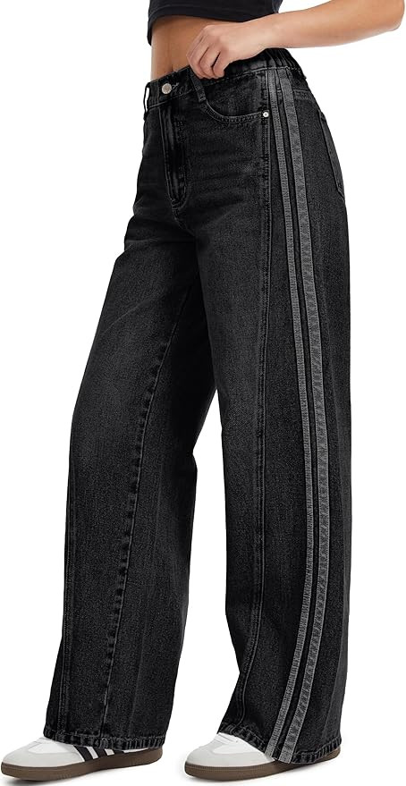 Tapata Women's 28"/30"/32"/34" Wide Leg Jeans Side Stripe Mid-Rise Elastic Waist Denim Pants Tren... | Amazon (US)