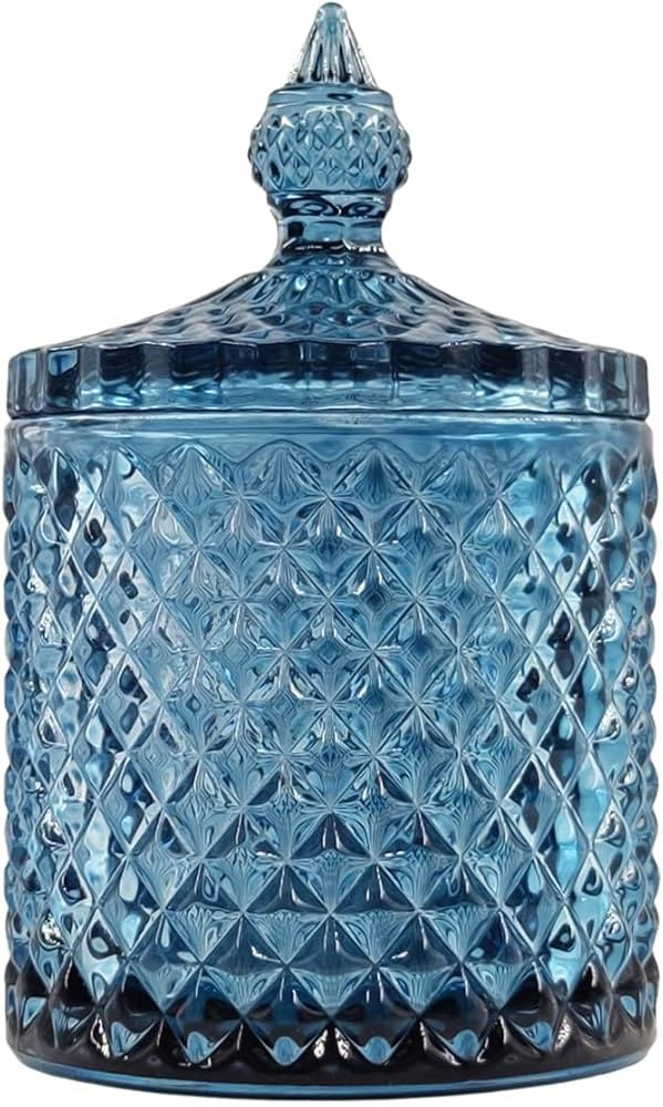 Sizikato Diamond Faceted Crystal Glass Candy Jar with Lid, Blue Decorative Jar, Jewelry Box, Cott... | Amazon (US)