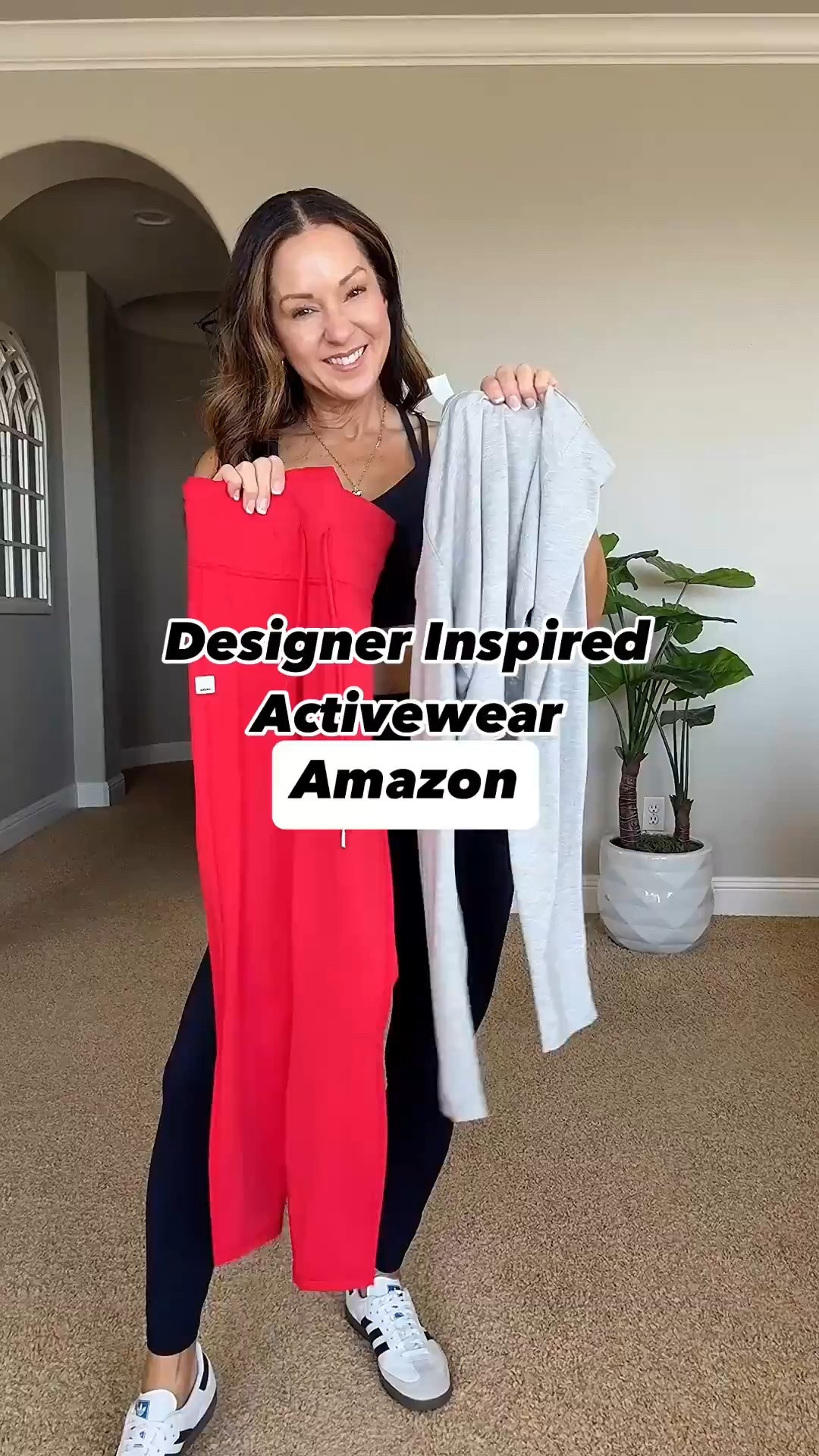 Amazon Designer Inspired Activewear. For ref: I'm 5'1, 109lbs. Tie waist leggings wearing XS 25" in navy & red. cropped lightweight long sleeve tee XS in grey (i sized up to a medium to cover my stomach).  Cross strap sports bra small in navy. No show socks. sambas size 6 kids, usually 7 womens.

#LTKSeasonal #LTKActive #LTKootd