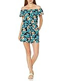 Amazon Brand - 28 Palms Women's Off Shoulder Tropical Hawaiian Print Romper, Orange/Teal/Black Hibis | Amazon (US)