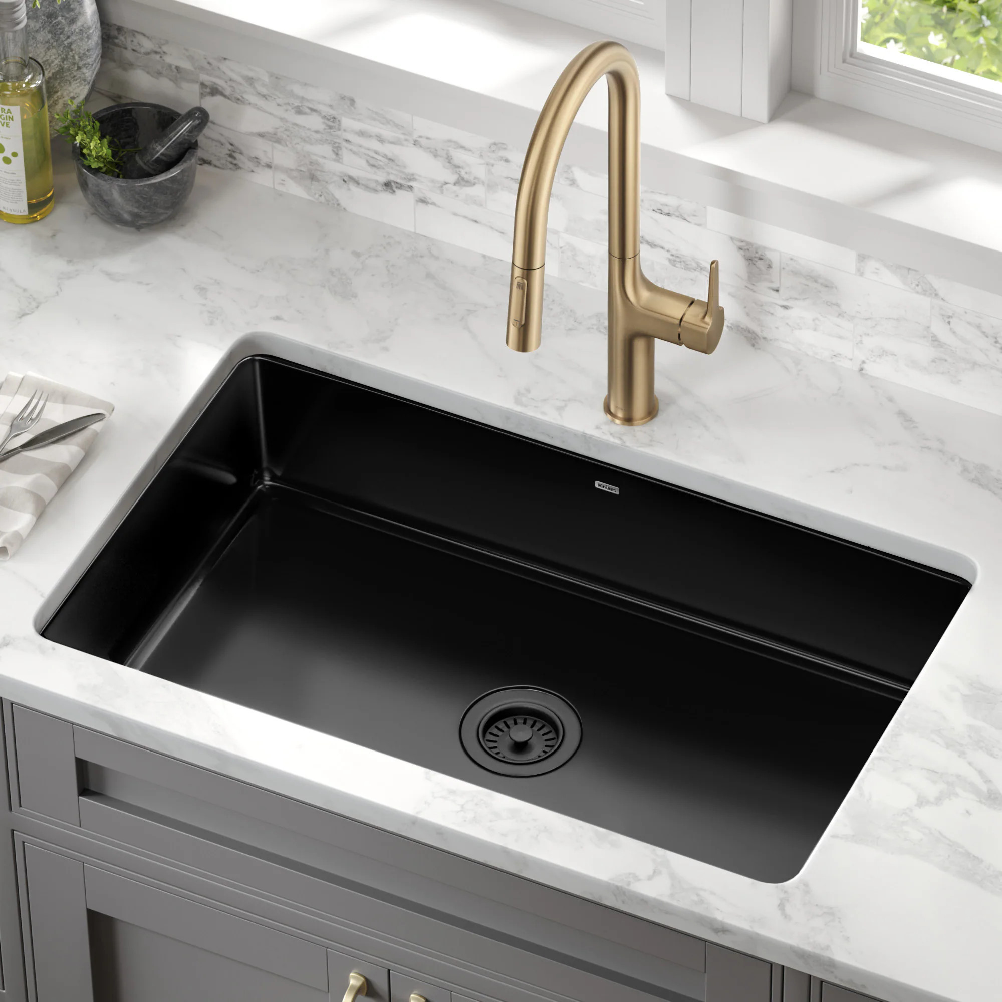 Kraus Pintura Undermount 31.5-in x 19-in Porcelain Single bowl Kitchen Sink Stainless Steel one_size in Black | KE1US32GBL | Lowe's