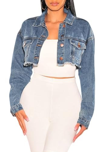 ZERMOM Women's Cropped Denim Jacket Button Down Long Sleeve Destroyed Crop Top Jean Coat | Amazon (US)