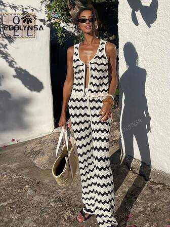 Fashion Striped Knit 2 Pieces -Set Summer Women'sWave Striped Top And Long Pant Sets Knitwear Matching Sets Outfits | SHEIN