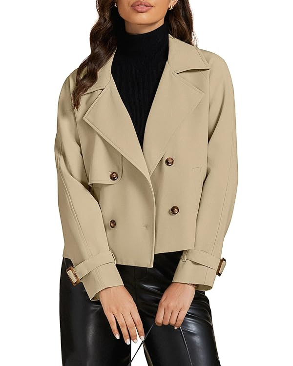 luvamia Cropped Trench Coat for Women Long Sleeve Double Breasted Notched Lapel Casual Loose Fit ... | Amazon (US)