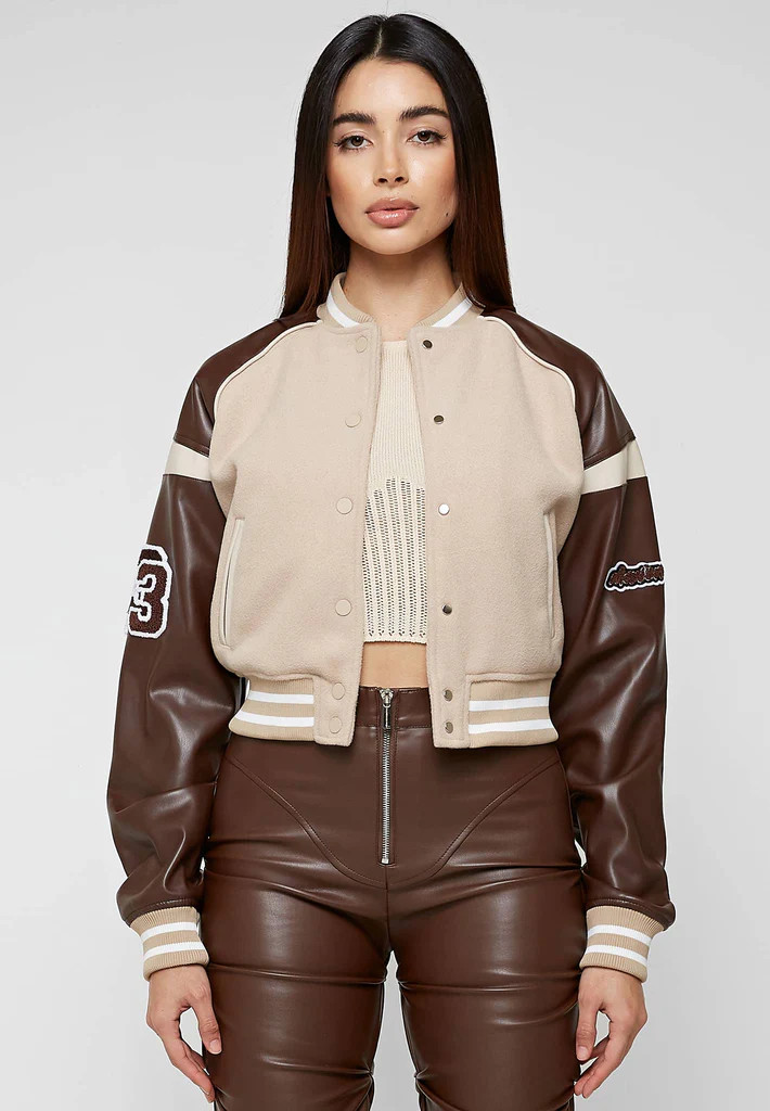 Vegan Leather & Wool Varsity Jacket - Beige | Maniere De Voir