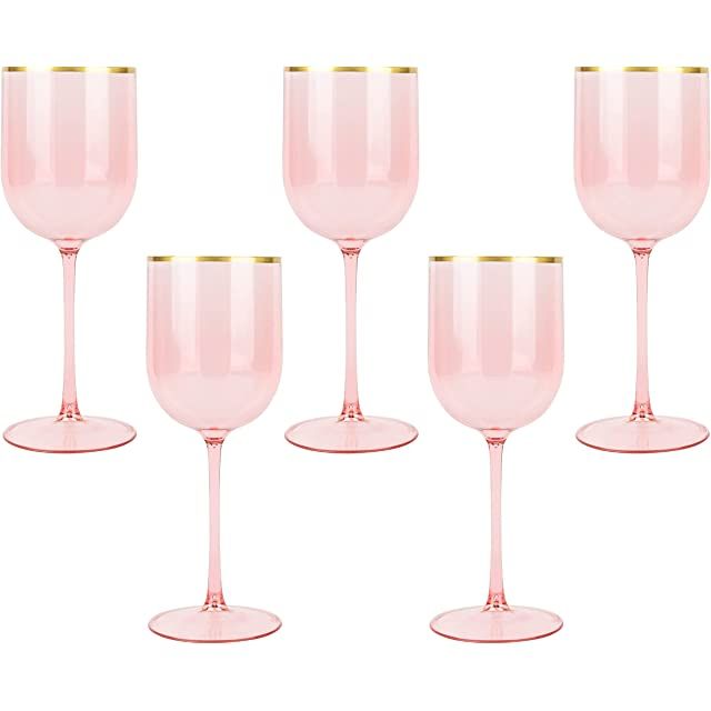 PARTY BARGAINS 5 Wine Goblets - Pink Gold Rim (12oz) - Disposable Shatterproof Elegant Design Pla... | Amazon (US)