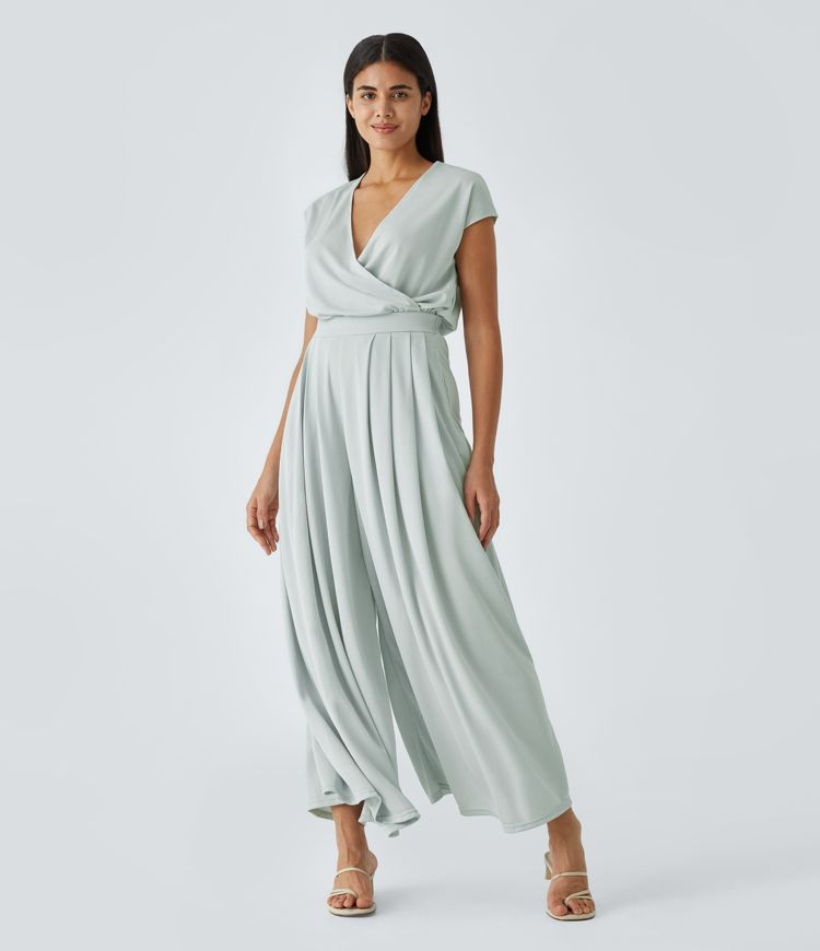 V Neck Short Sleeve Plicated Side Pocket Wide Leg Flowy Waffle Casual Jumpsuit | HALARA