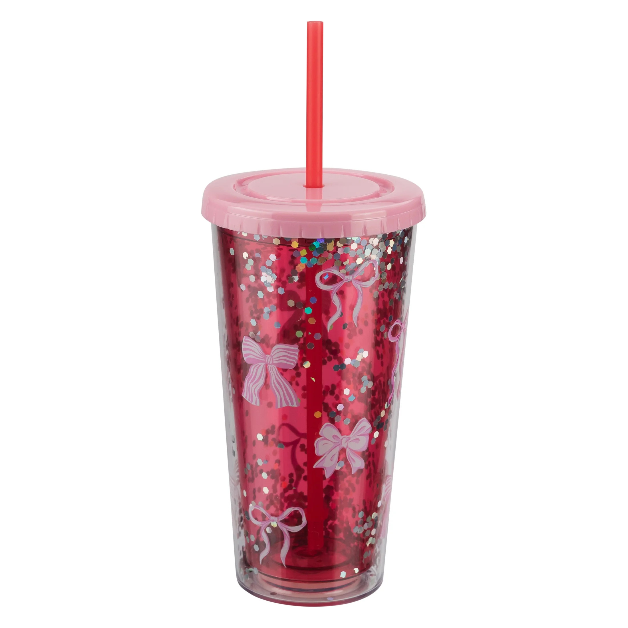 Sparkle Bows Plastic Tumbler with Straw and Lid, Pink and Red, 24 oz, Valentine's Day by Way To C... | Walmart (US)