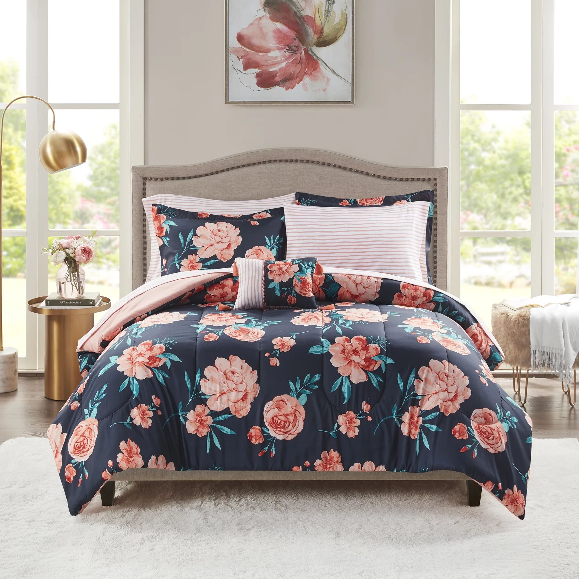 Mainstays Peach Floral 8 Piece Bed in a Bag Comforter Set with Sheets, Full - Walmart.com | Walmart (US)