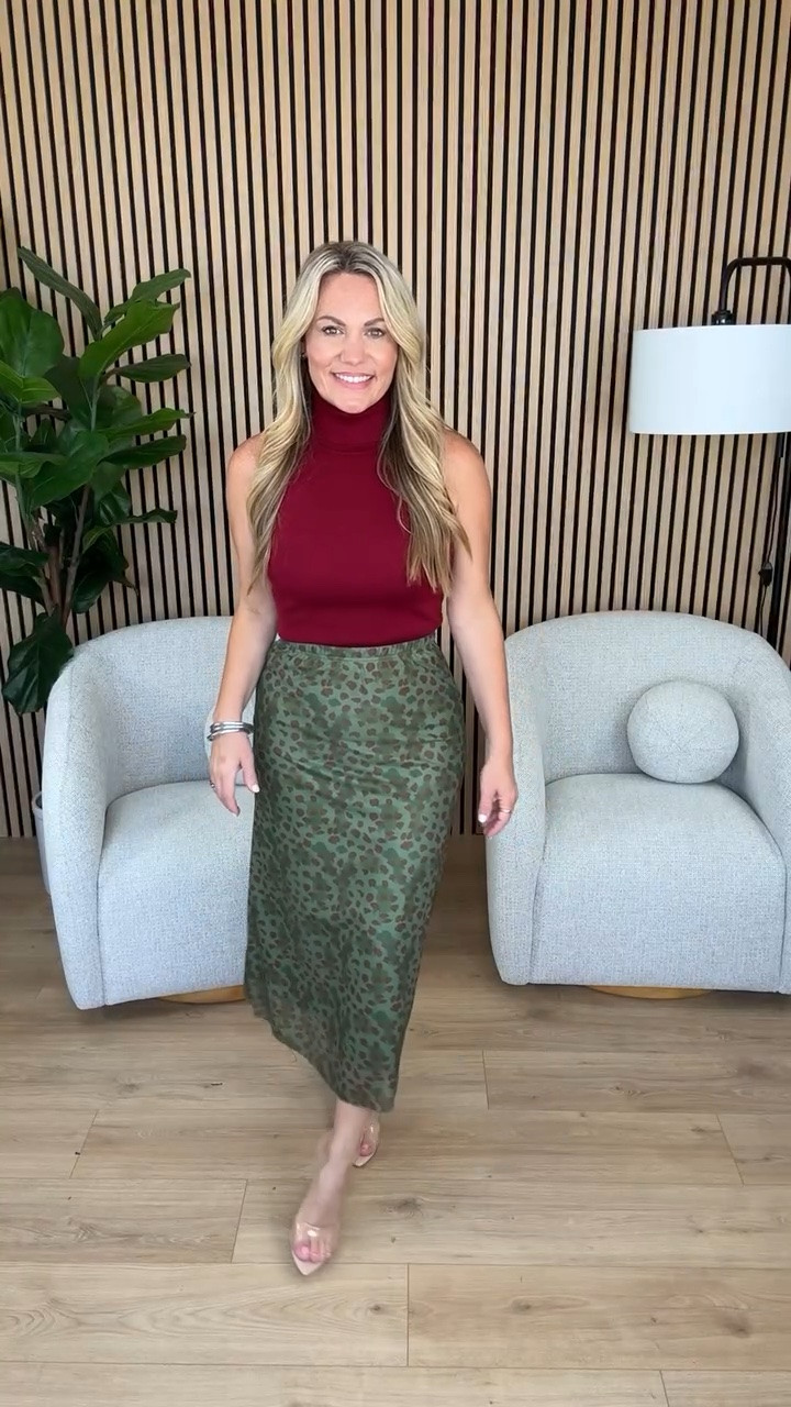 This color combination feels so right for the start of fall. The burgundy mock neck and olive printed skirt bring in richer tones while still working for warmer days.

burgundy outfit, olive midi skirt, fall skirt outfit, sleeveless mock neck, transitional fall outfit, office style, fall workwear, midi skirt outfit, fall color trends, women over 40 fashion, audriedollins

#LTKootd #LTKSeasonal #LTKOver40