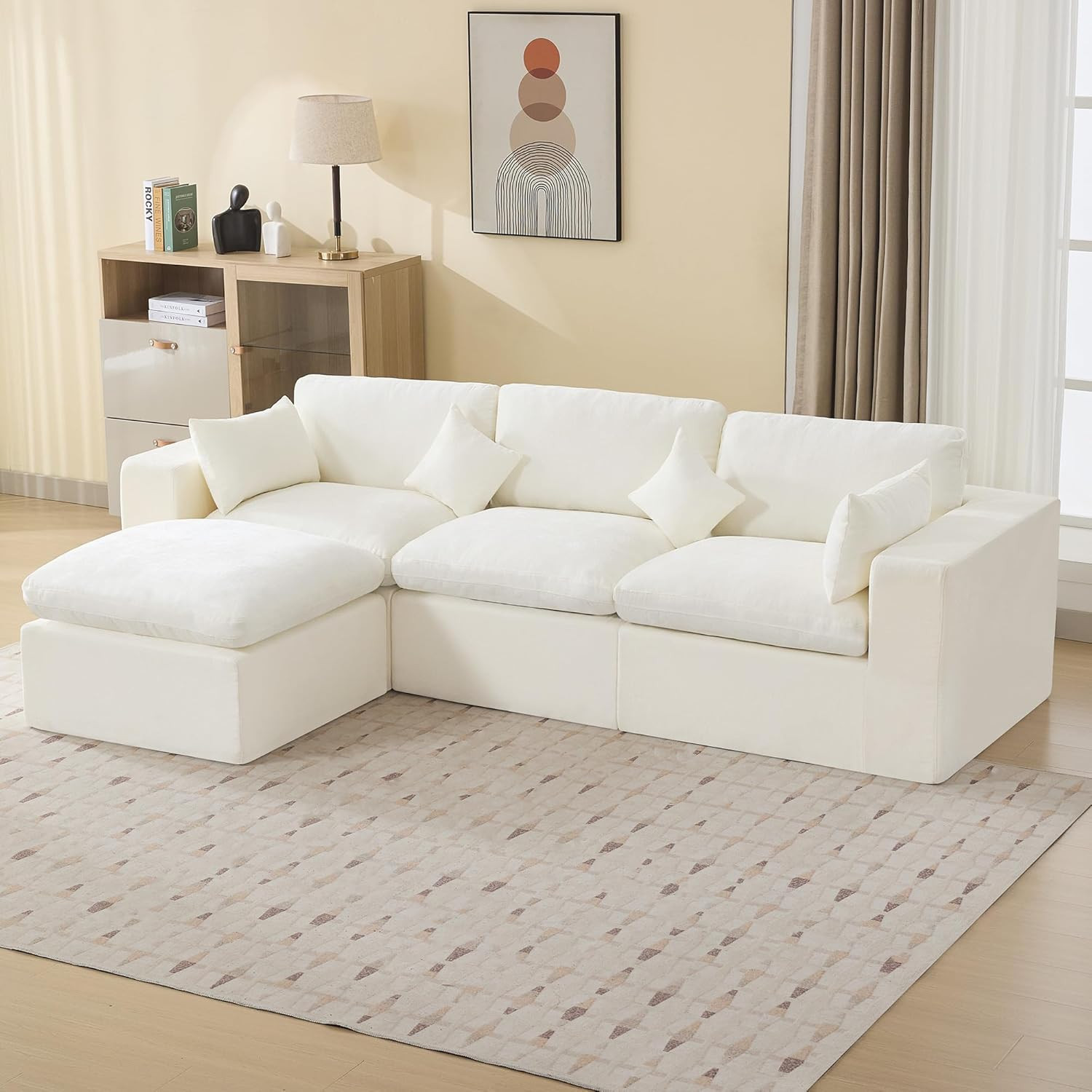 115''Cloud Boneless Sectional Couch, Modular Sectional Sofa Deep Seat with Ottoman, Oversized Upholstered Convertible Comfy 4 Seater Chenille Sofa L Shape Couches for Living Room, Beige | Amazon (US)