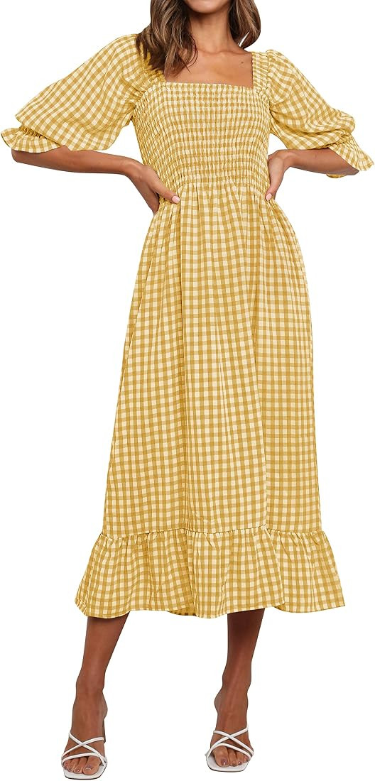 Women's Summer Casual Plaid Square Neck Puff 3/4 Sleeve Backless Smocked Ruffle Swing Midi Dress | Amazon (US)