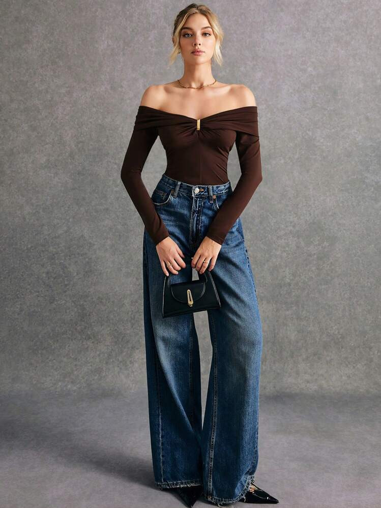 Poéselle Camiseta Ajustada De Ombros À Mostra Em Cor Sólida Elegante Para Mulheres, Denim De Perna Larga De Outono, Calças Denim De Perna Larga Para Mulheres | SHEIN