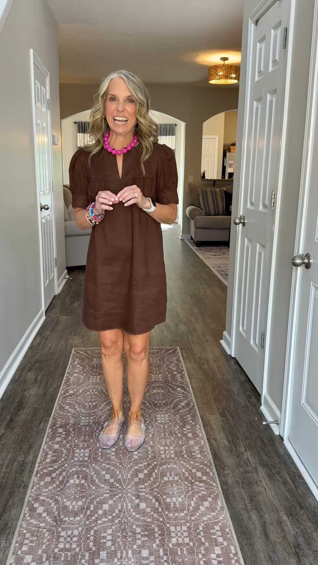Can we talk about how good bright colors pair with brown?! Use COAST20 on Allie + Bess
Love the pops of pink and turquoise. Wearing XS in this adorable linen dress that does it all. Add a heel for work, or a flip flop for watching the grands play sports.

#LTKgrwm #LTKootd #LTKOver40