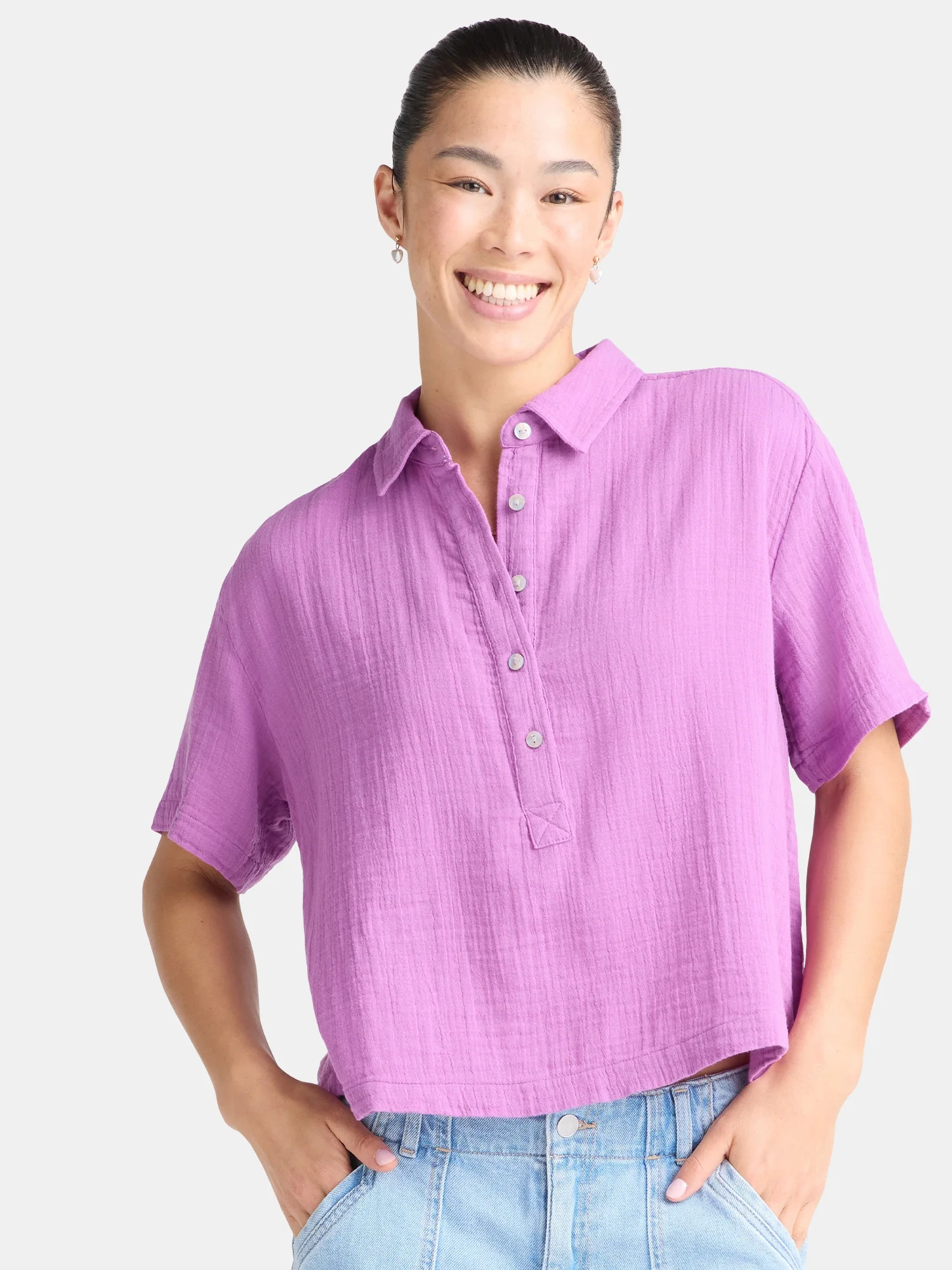 Time and Tru Women's Cotton Double Cloth Cropped Shirt, Size XS-XXXL | Walmart (US)