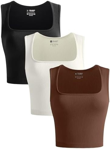 OLCHEE Womens 3 Pack Crop Tank Tops Seamless Ribbed Square Neck Tapered Shoulder Strap Sleeveless... | Amazon (US)