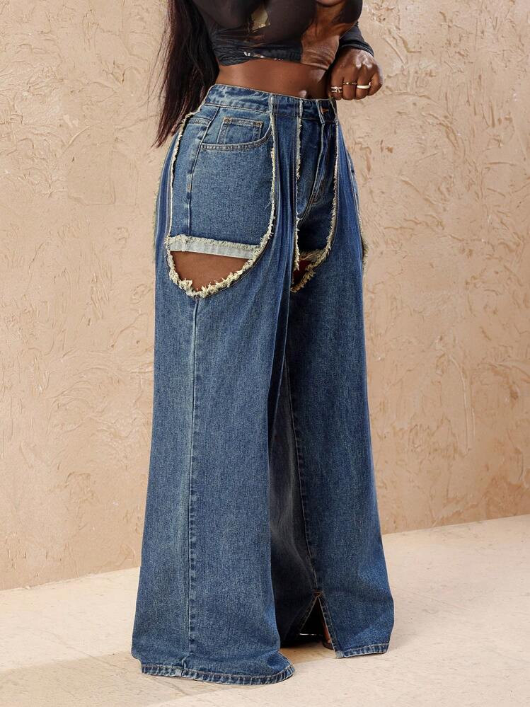 SHEIN Slayr Women Fashion Patchwork Fringe Cutout Wide Leg Loose Casual Jeans Pants | SHEIN