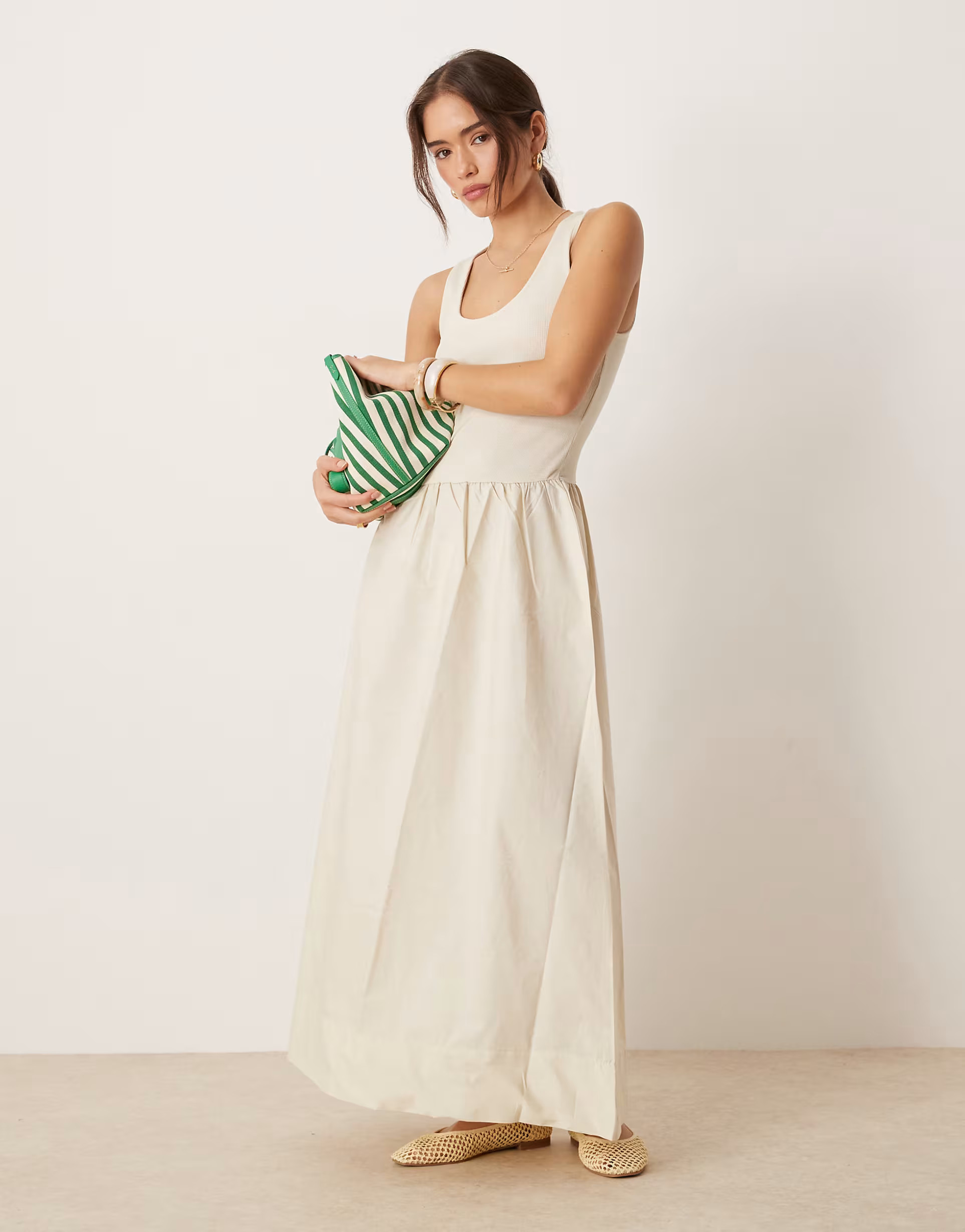 Mango cotton drop waist maxi dress in beige | ASOS | ASOS (Global)