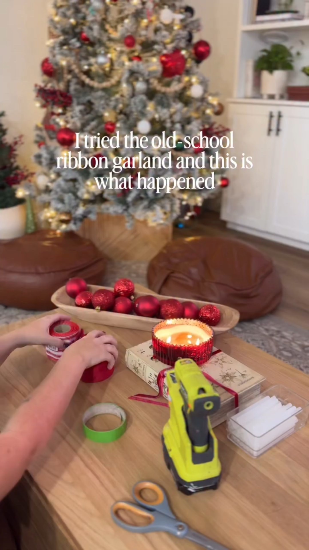 Turns out… 40 feet of ribbon = one 4.5 ft garland 😂 But she’s cute so we’re rolling with it. This is one of those very simple DIYs you can do, just make sure to get 2-3x more ribbon than you think you need 😆

#craftmas #diyhomeprojects #diyhomedecor