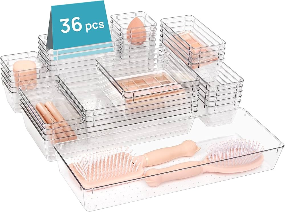 Vtopmart 36 PCS Clear Plastic Drawer Organizers Set, 7-Size Bathroom and Vanity Drawer Organizer ... | Amazon (US)