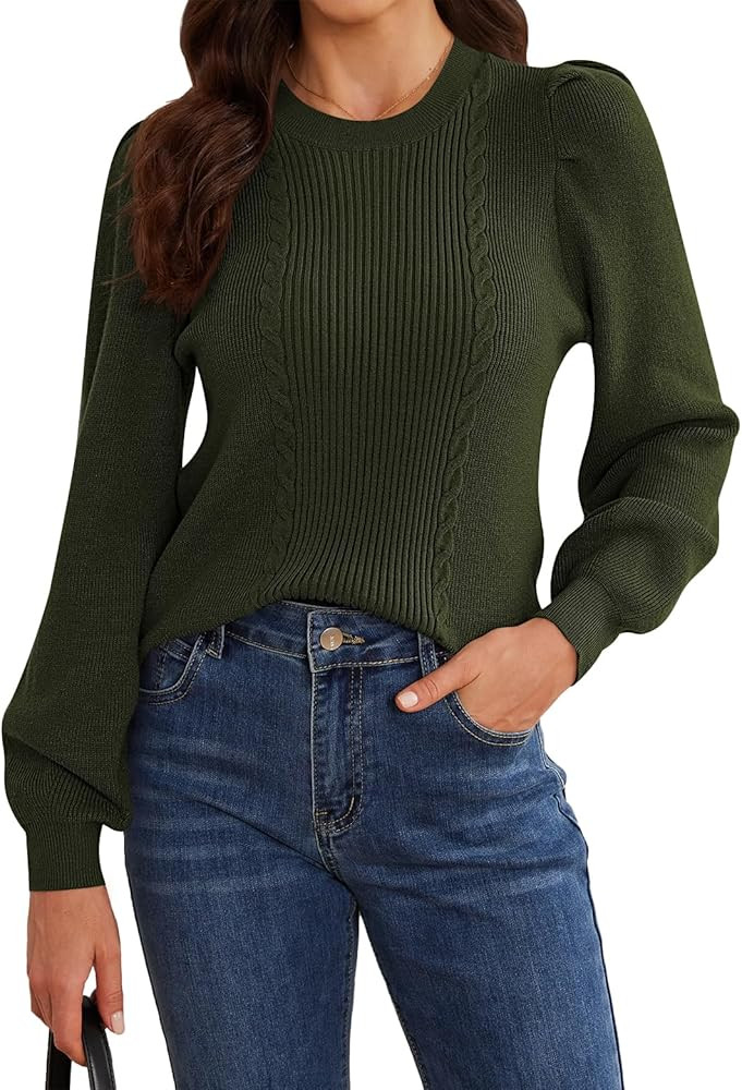HVT Womens Puff Sleeve Crew Neck Cable Knit Sweater Lightweight Pullover Sweaters Casual Fall Loo... | Amazon (US)