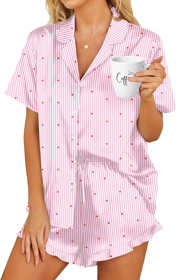 HOTOUCH Womens Satin Pajamas Set Button Down 2 Piece Silk Pjs Shorts Set Ruffle Lingerie Notch Co... | Amazon (US)