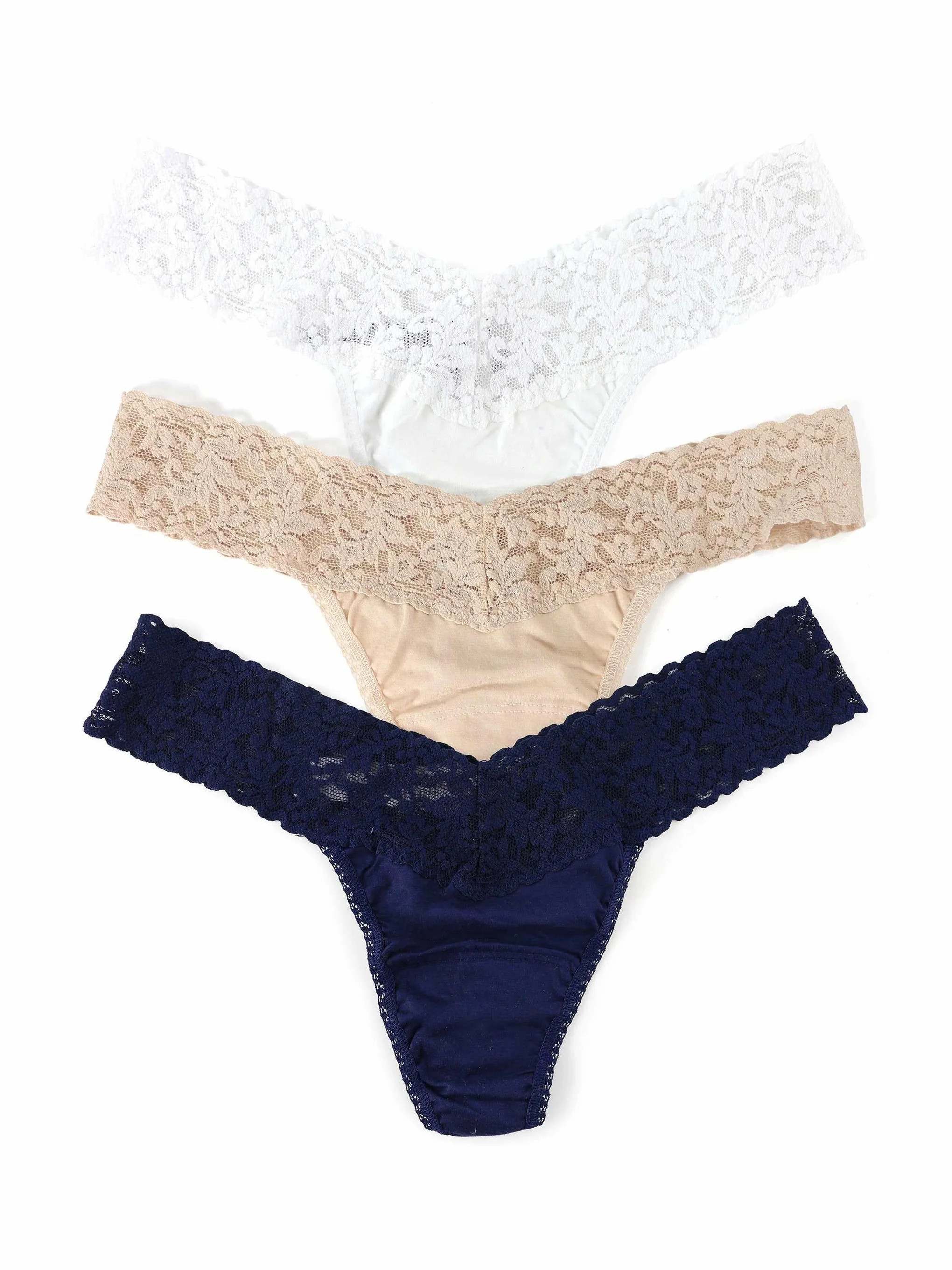 3 Pack Supima® Cotton Low Rise Thongs with Lace White/Chai/Navy | Hanky Panky