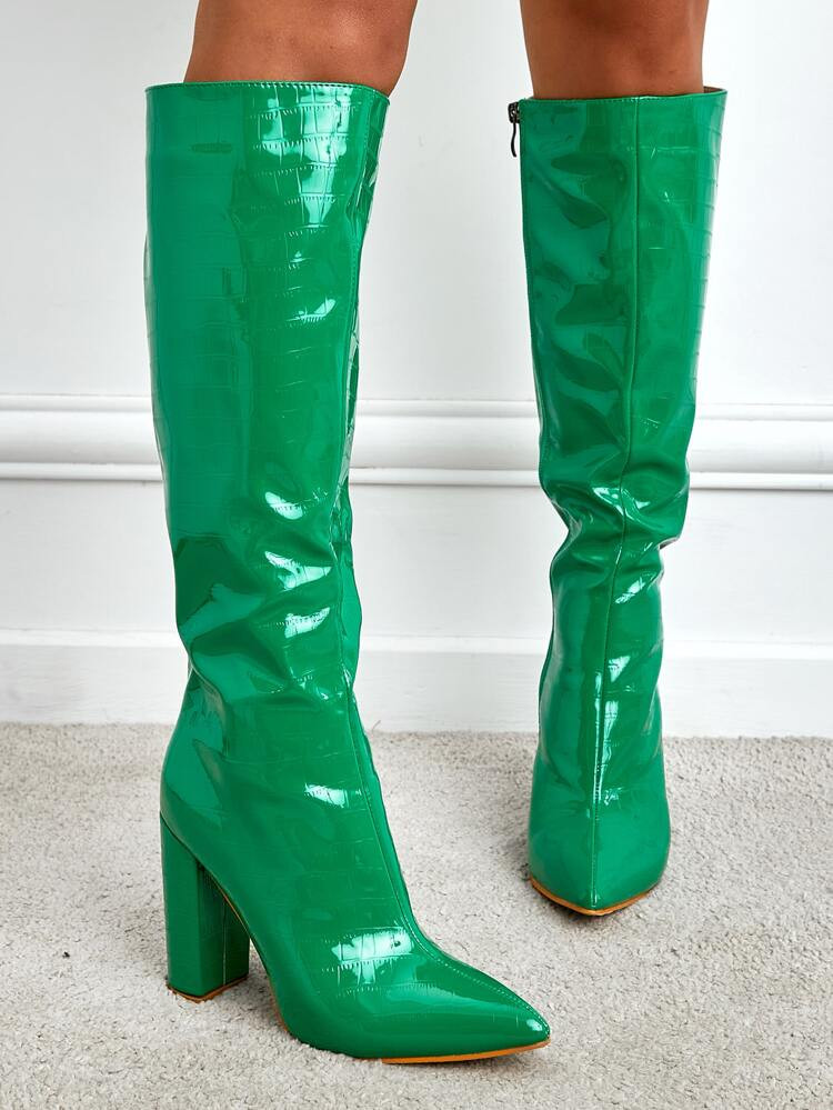 Crocodile Embossed Point Toe Zipper Side Chunky Heeled Classic Boots | SHEIN