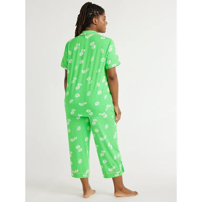 Joyspun Women's Knit Short Sleeve Notch Collar Top and Capri Pajama Set, 2-Piece, Sizes S to 3X -... | Walmart (US)