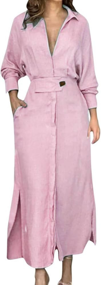 Linen Dress,Women's Long Sleeve Button Down Shirt Dress,Flowy Casual Tunic Shift Slit Maxi Shirt ... | Amazon (US)