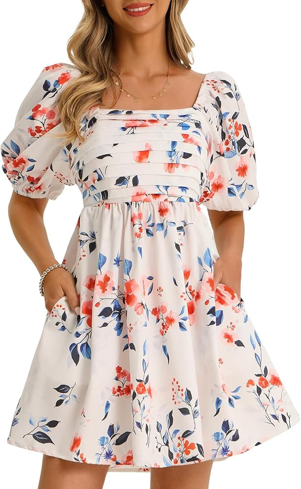 Wenrine Womens Summer Square Neck Mini Dresses Casual Floral Puff Short Sleeve Smocked High Waist... | Amazon (US)