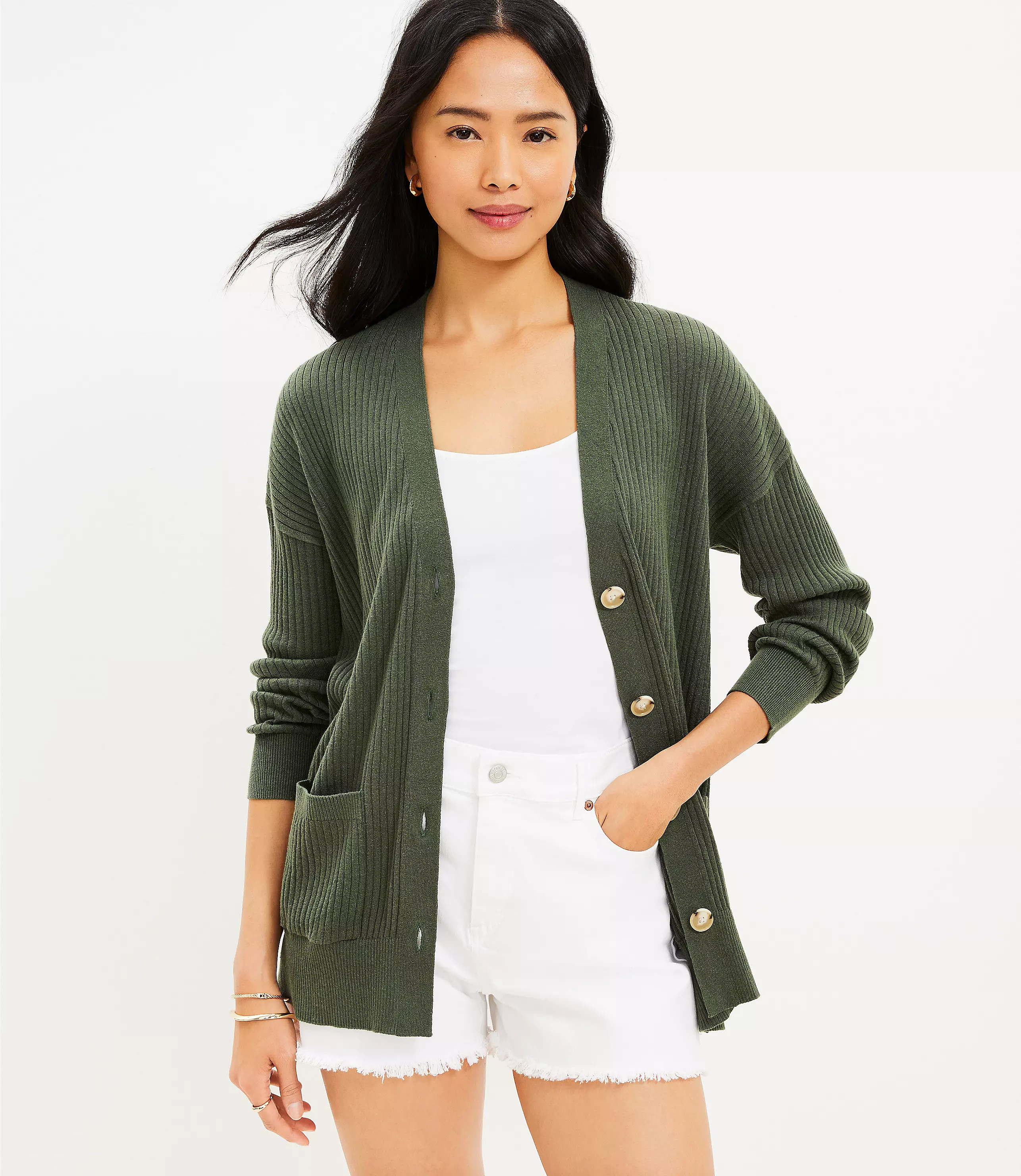 Ribbed Relaxed V-Neck Pocket Cardigan | LOFT
