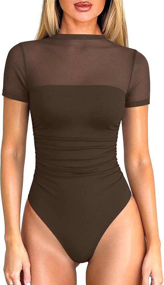 OQQ Women Short Sleeve Bodysuit Tummy Control Shapewear Mesh One Piece Leotard Shirts Going Out T... | Amazon (US)