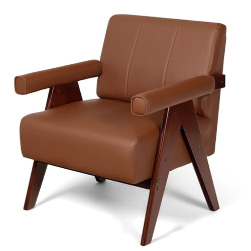 AODAILIHB Mid Century Modern Chairs Brown Leather Accent Chair Wood Arms with Soft Bag Living Room Chairs with Thick Cushion Comfy Leisure Sitting Waiting Room Chairs Bedroom/Office (1, Brown) | Amazon (US)
