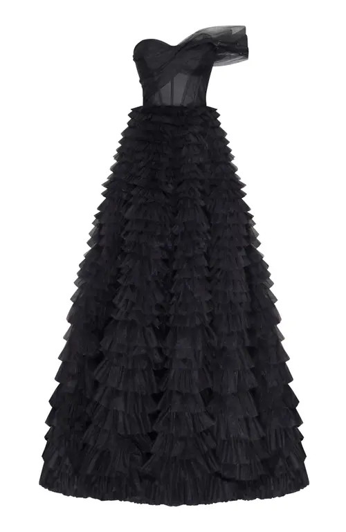 Milla Timeless One-Shoulder Frill-Layered Ball Gown In Black at Nordstrom, Size X-Small | Nordstrom