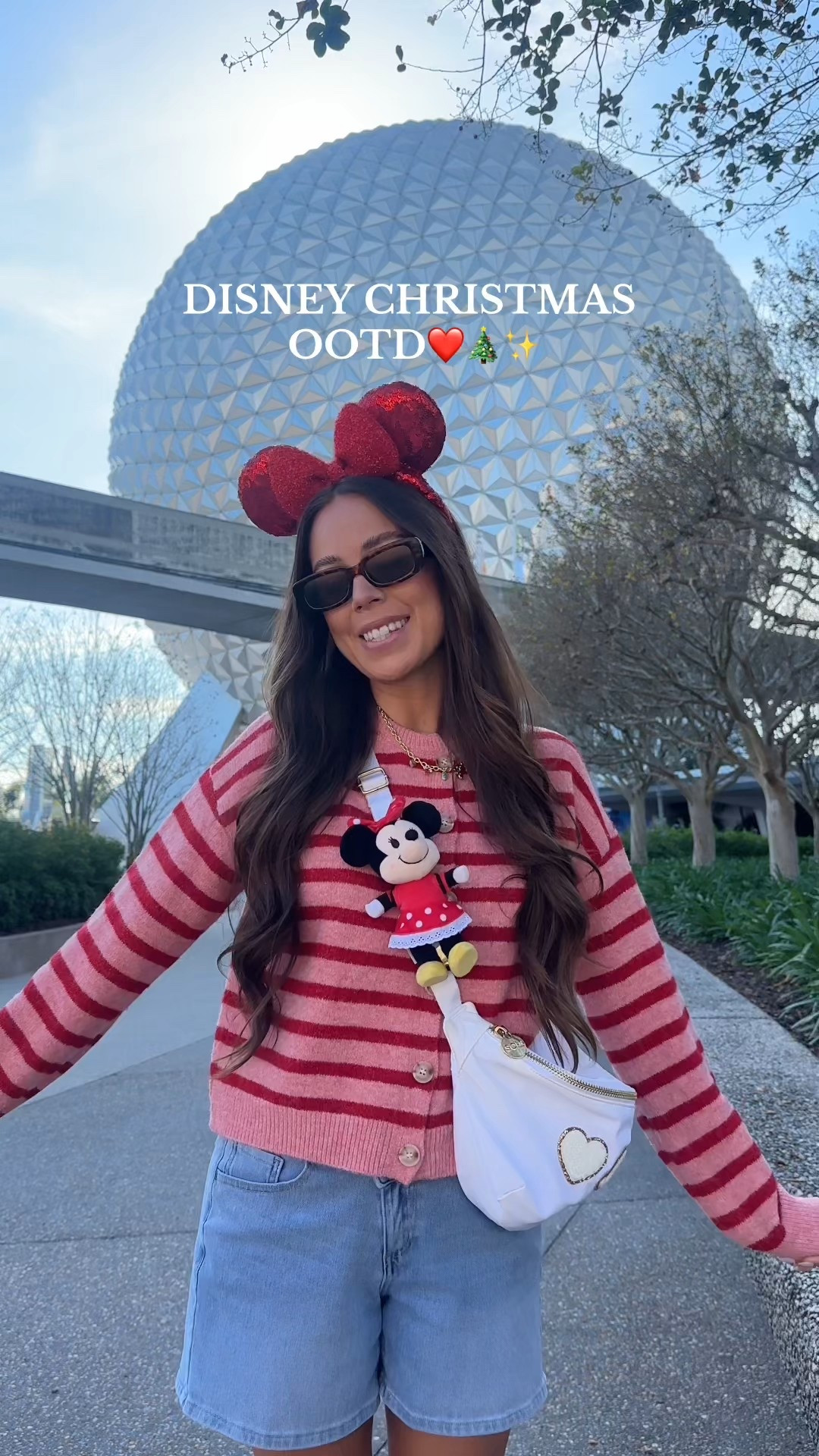 Disney Christmas OOTD❤️ Disney outfit, Disney style, Disney girl, Disney aesthetic, Amazon striped sweater cardigan, denim long mom shorts, comfy jean shorts, chunky Reebok charge sneakers, jumbo Stoney clover Fanny pack, Disney bag, red sequin Mickey ears, Disney Nuimos, Amazon sunglasses, Disney accessories, Disney jewelry, winter outfit inspo, Disney outfit ideas #disney 

#LTKootd #LTKHoliday #LTKTravel