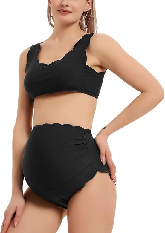 GINKANA Maternity Bikini Set Two Piece Scalloped Bathing Suits Back Lace-up Maternity Swimsuits H... | Amazon (US)