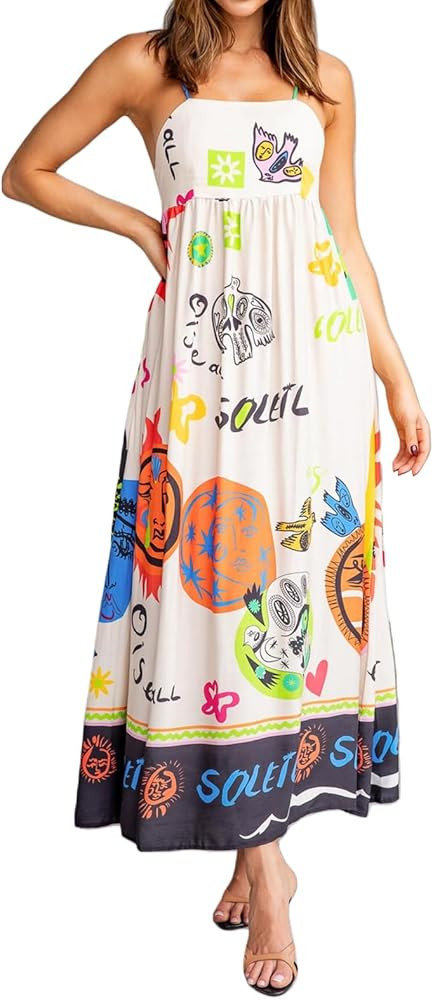 Women Graphic Maxi Cami Dress Spaghetti Strap Floral Boho Long Dress Flowy Summer Holiday Beach D... | Amazon (US)