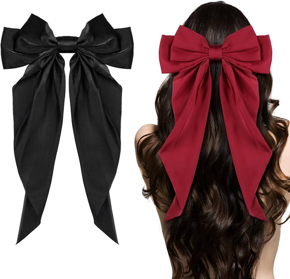 Big Bow Hair Accessories 2pcs - Long Tail French Satin Silky Barrettes for Women and Girls, Black... | Amazon (US)