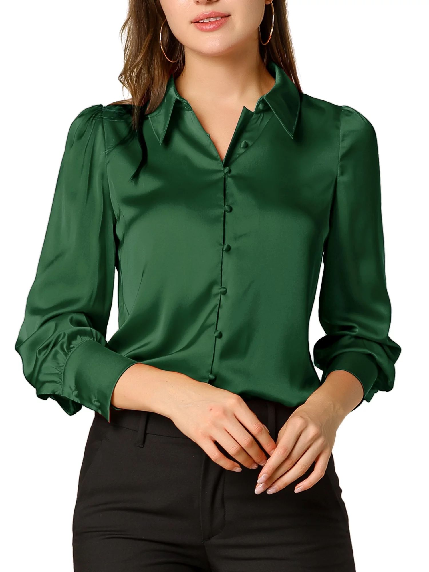 Allegra K Women's Work Point Collar Puff Long Sleeve Button Satin Shirt - Walmart.com | Walmart (US)